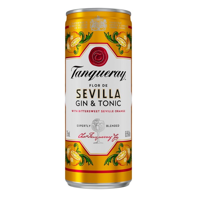 Tanqueray Flor de Sevilla gin and tonic ready-to-drink can 250ml (British brand)