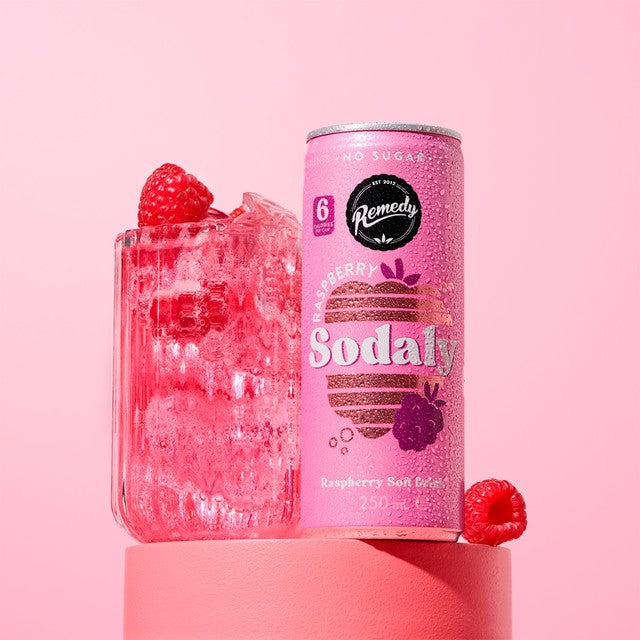 Remedy Sodaly Raspberry soft drink can 250ml - British product