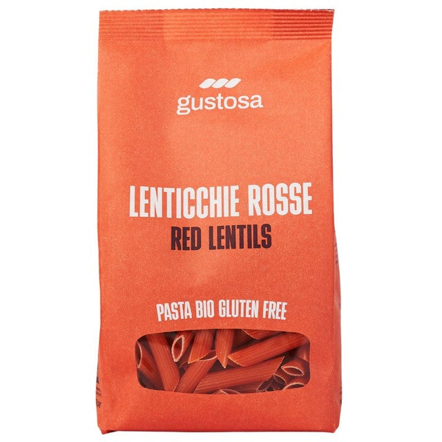 Gustosa organic red lentil penne rigate pasta, imported from the UK