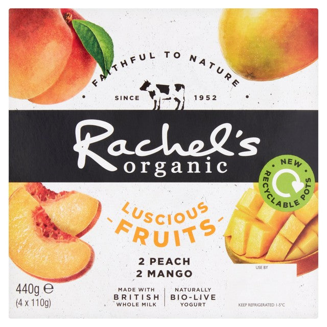 Rachel's Peach & Mango bio live yogurt 4 x 110g, imported from the UK