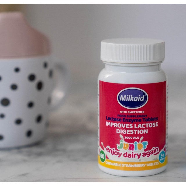 Milkaid Junior Lactase Digestion Tablets Strawberry Flavour 60 Tablets, imported from the UK