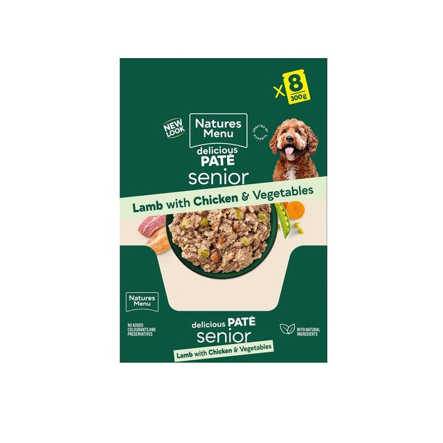 Natures Menu senior lamb with chicken, veg & rice dog food 8 x 300g pouches, imported from the UK