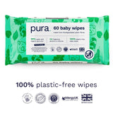 Pura Plastic Free Baby Wipes 3 x60pk, imported from the UK