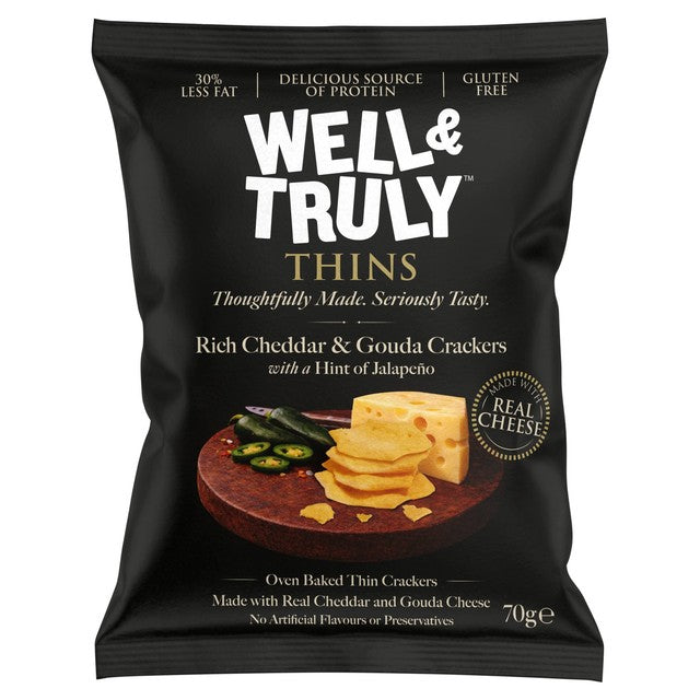Well&Truly cracker thins Cheddar Gouda Jalapeno, imported from the UK