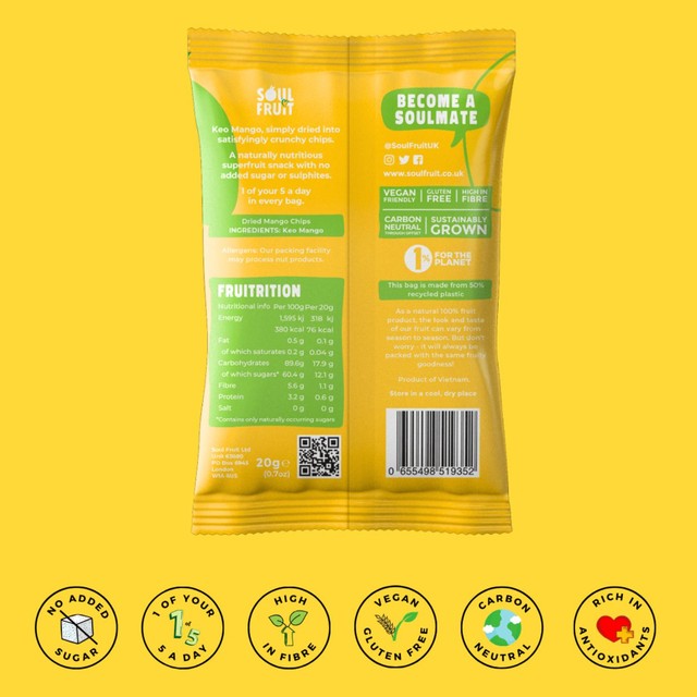 Soul Fruit freeze-dried mango crisps 20g (British brand)