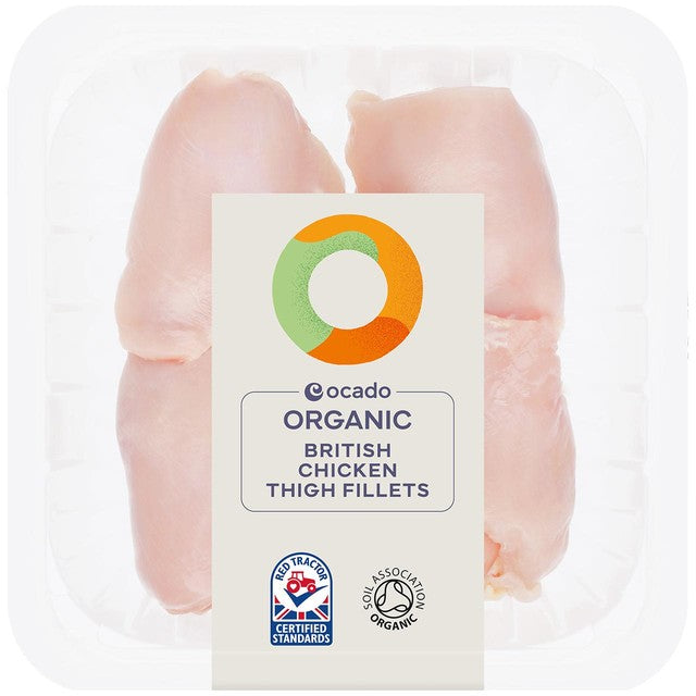 Ocado organic free range chicken thigh fillets 420g, imported from the UK