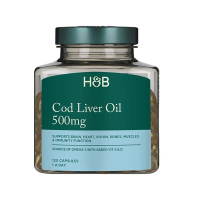 Holland & Barrett Reiner Lebertran 500mg Omega-3 Nahrungsergänzungsmittel 120 Kapseln