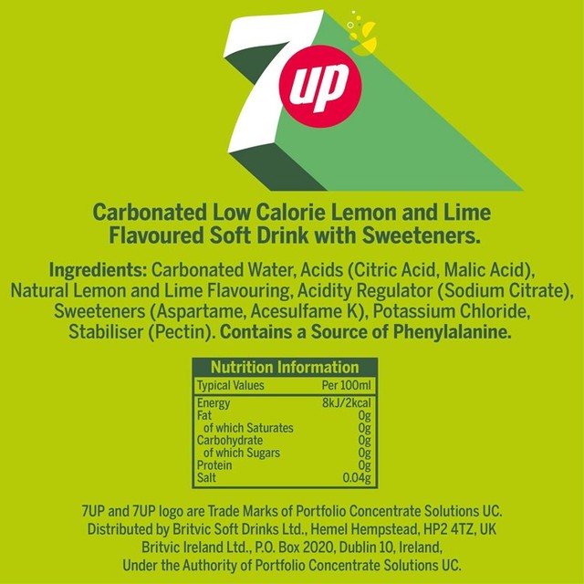 7up Zero Sugar Lemon Lime Soft Drink 24 x 330ml (British brand)