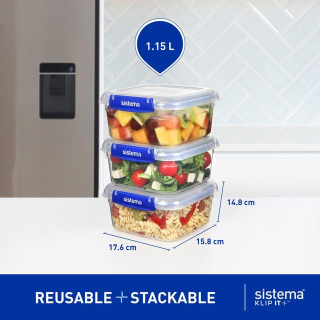 Sistema Square Klip It Plus food storage containers 1.15L 3 pack (British brand)