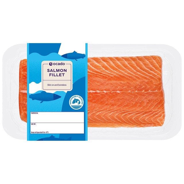 Ocado skin on boneless salmon fillet 500g, imported from the UK