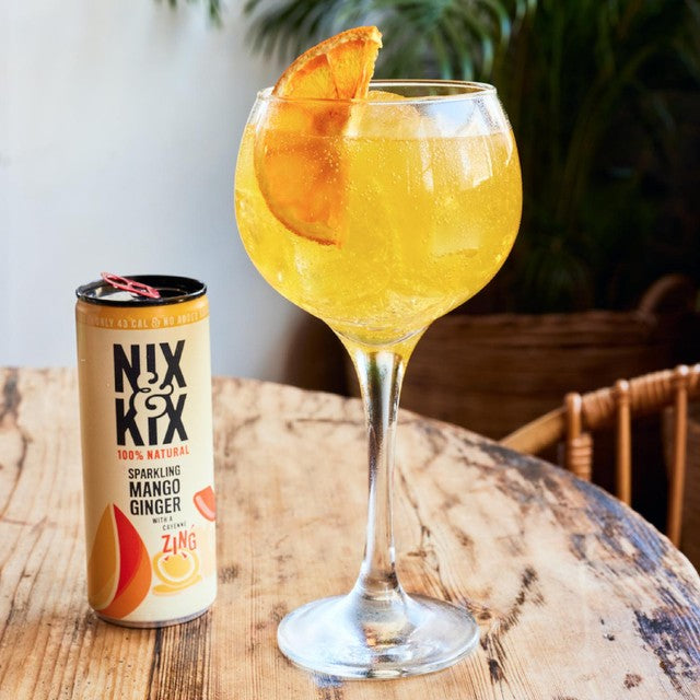 Nix & Kix lightly sparkling mango ginger cayenne drink in a can, imported from the UK