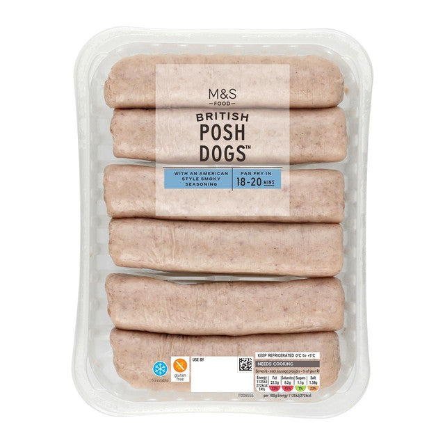 M&S Posh Dogs pork sausages 600g, imported from the UK