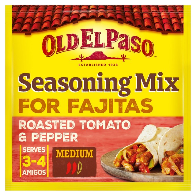 Old El Paso Roasted Tomato & Peppers Fajita Seasoning Mix 30g, imported from the UK