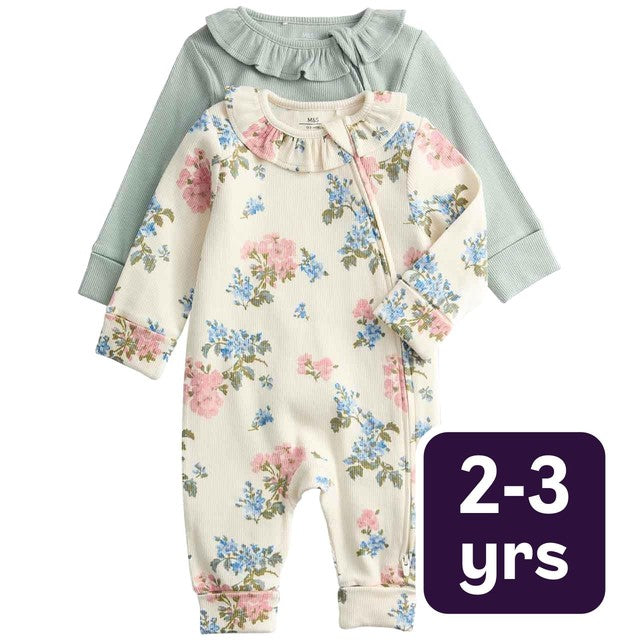 M&S floral frill collar sleepsuit ivory 2-3 Y, imported from the UK