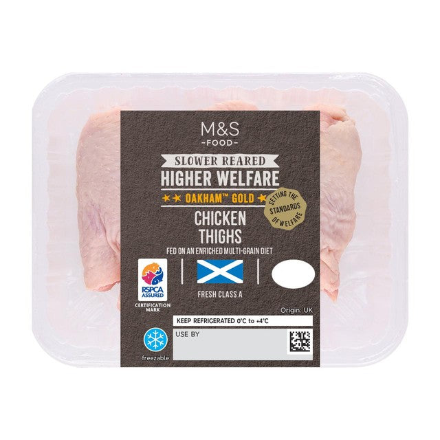 M&S Oakham Gold chicken thighs 600g, imported from the UK