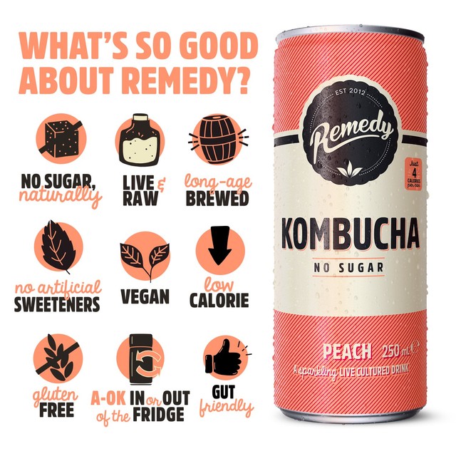 Remedy peach kombucha 250ml can, imported from the UK