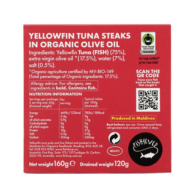 Fish4Ever Yellowfin Tuna in Organico Olive Oil 160g - British product
