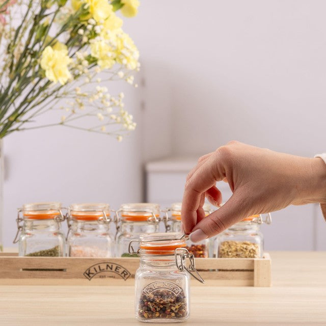 Kilner glass clip top spice jar set with wooden crate, 70ml jars, UK version