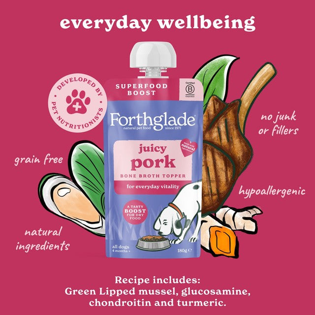 Forthglade bone broth topper for dogs, juicy pork (British brand)