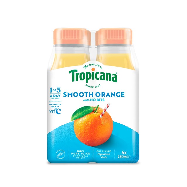 Tropicana smooth orange juice 4 x 250ml cartons (British brand)