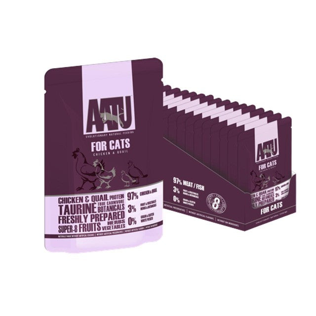 AATU chicken and quail wet cat food pouches 16x85g British product