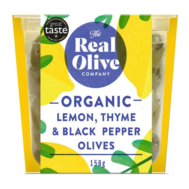 The Real Olive Co organic lemon thyme black pepper olives, UK version