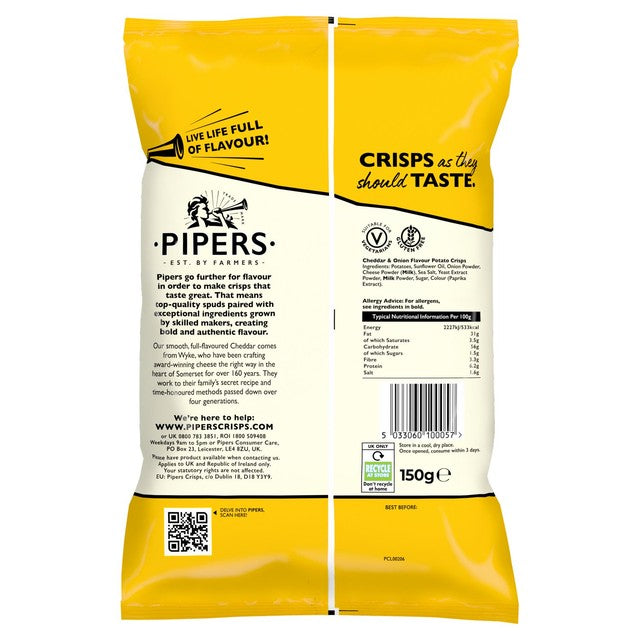 Pipers Cheddar & Onion crisps 150g, imported from the UK