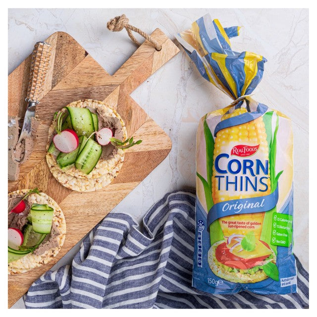 Real Foods corn thins 150g, imported from the UK