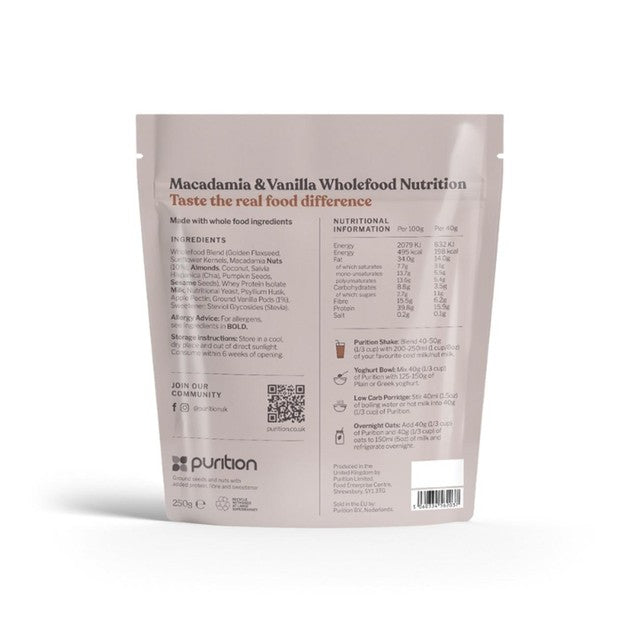 Purition Macadamia & Vanilla wholefood nutrition powder 250g, imported from the UK