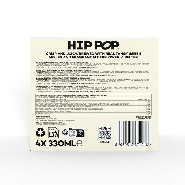 Hip Pop apple and elderflower kombucha drink 4 x 330ml, UK version