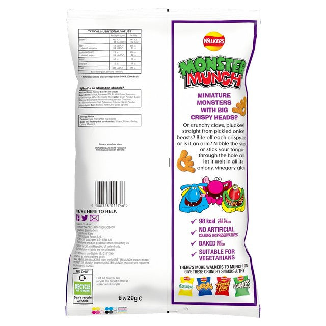 Monster Munch Pickled Onion Baked Corn Snacks 6x20g, imported from the UK