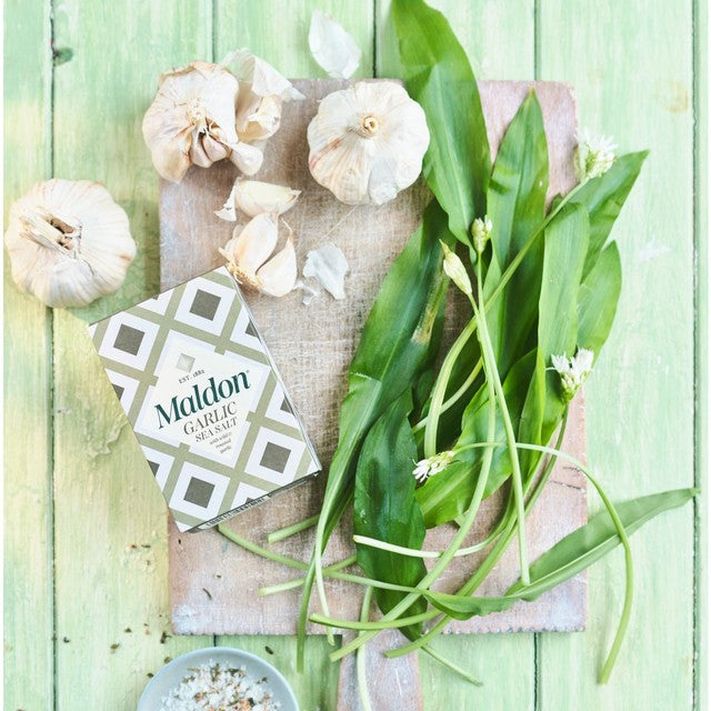 Maldon Garlic Sea Salt Wild and Roasted 100g, imported from the UK