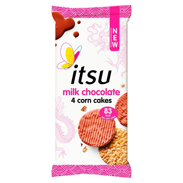 Itsu milk chocolate corn cakes 4 pack, imported from the UK