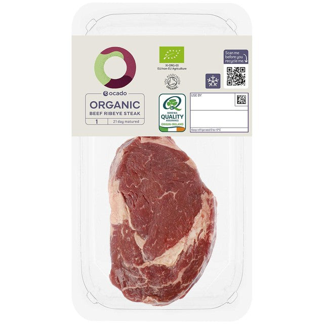 Ocado organic beef ribeye steak 225g, imported from the UK