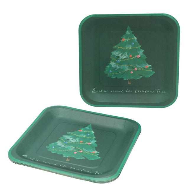 Square Paper Plates with Christmas Tree Design 8-Pack 23cm