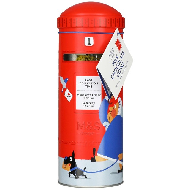 M&S milk chocolate coins in postbox tin 120g, imported from the UK