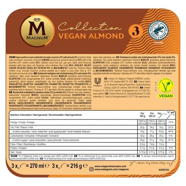 Magnum vegan almond ice cream sticks 3x90ml, imported from the UK