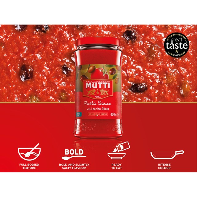 Mutti tomato and olive pasta sauce 400g, imported from the UK