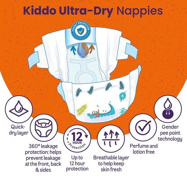 Ocado Kiddo Ultra-Dry Nappies Size 6 13-18kg, imported from the UK