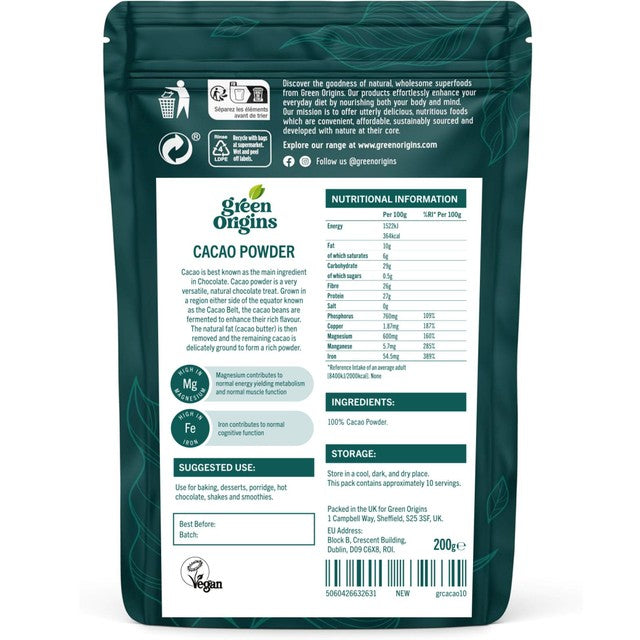 Green Origins Cacao Powder 200g, imported from the UK