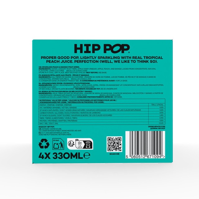 Hip Pop Tropical Peach sparkling fruit drink 4 x 330ml cans, UK version