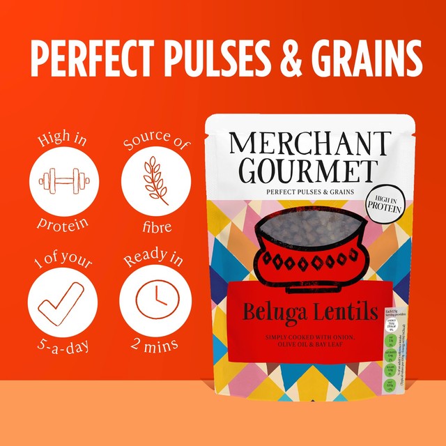 Merchant Gourmet Beluga Lentils 250g pouch imported from the UK