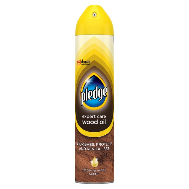 Pledge wood polish aerosol Amber & Argan 250ml, imported from the UK