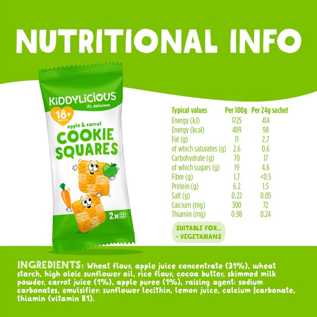 Kiddylicious Apple and Carrot Cookie Squares baby biscuits 24g sachet, UK version