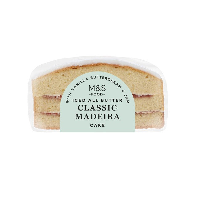 M&S Iced Madeira Cake with vanilla buttercream and raspberry jam 310g, imported from the UK