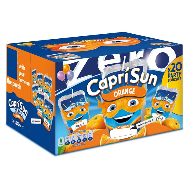 Capri Sun Orange Zero fruit juice drink party pack pouches, UK version