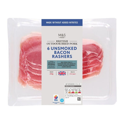 M&S M&S British Outdoor Bred 6 Unsmoked Bacon Rashers 200g- Buy online at McGrocer