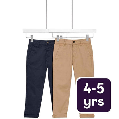 M&S Garçon Pantalon Chino Coton Riche Pierre Marine Lot de 2 Taille 4-5 ans