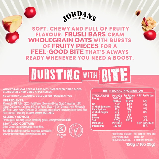 Jordans Frusli cranberry and apple chewy cereal bars 6 x 25g, UK version