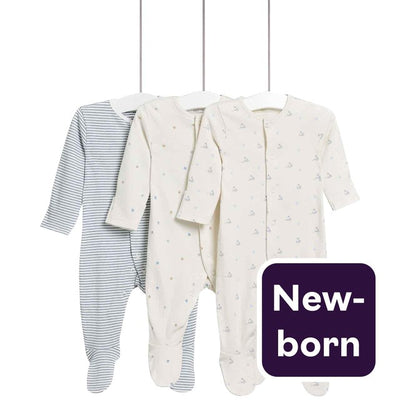 M&S M&S Dog Popper Footed Sleepsuit 3 Pack Newborn Blue Cotton Baby Sleepsuit- Buy online at McGrocer